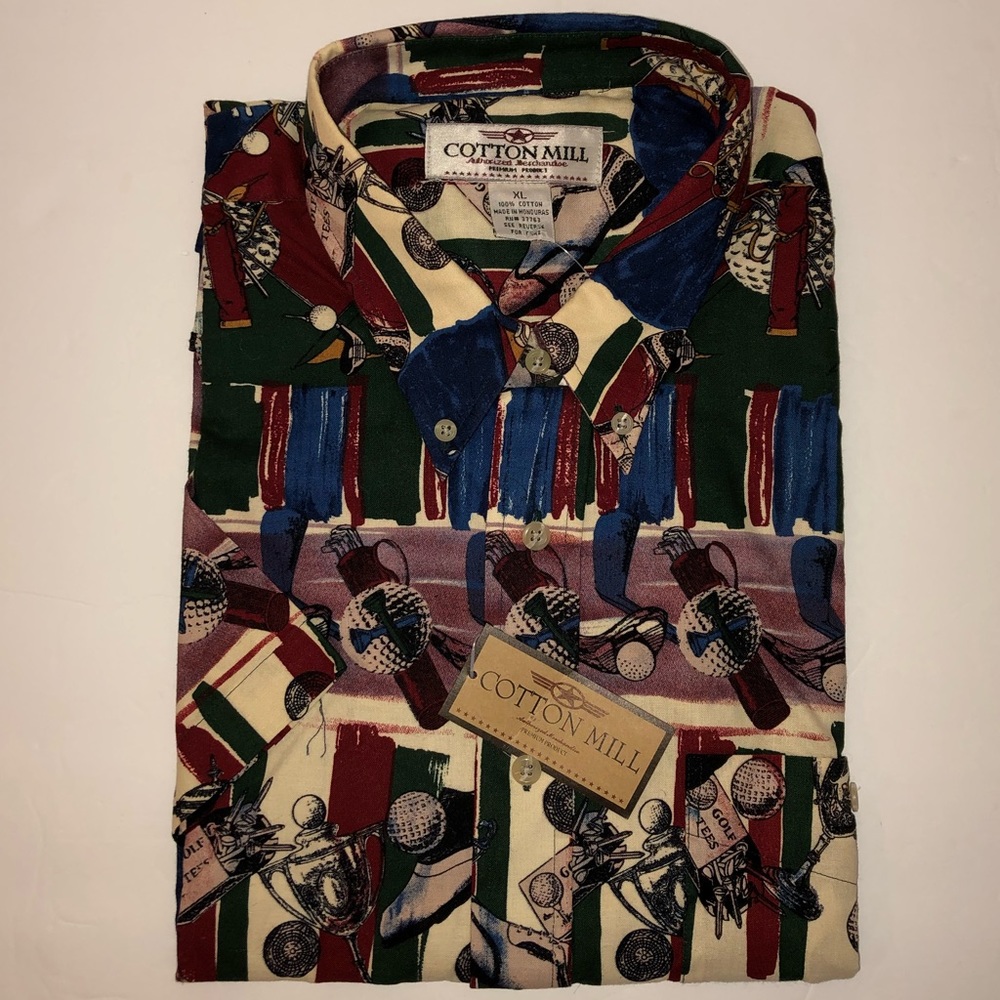 NWT, Mens Cotton Mill Short Sleeve Golf Print Shirt, Sz XL